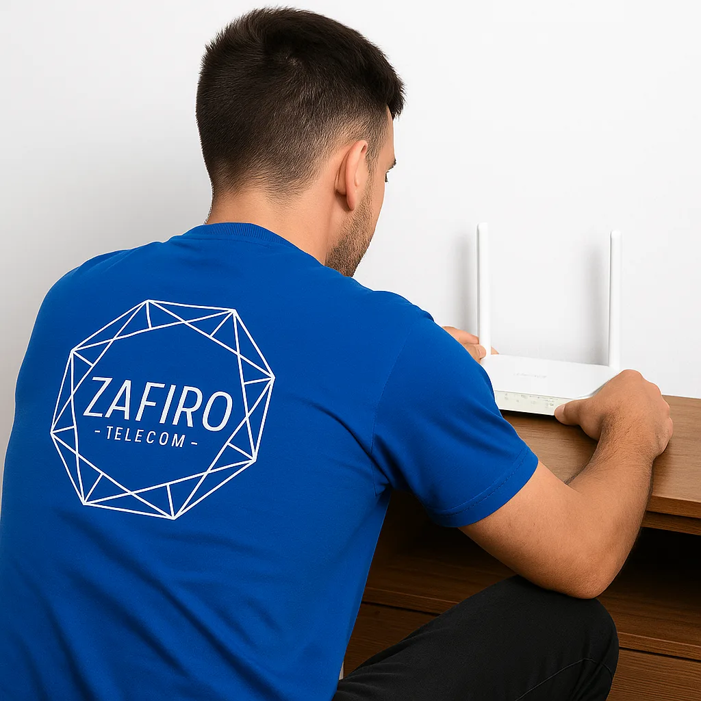 Tecnico de campo de Zafiro Telecom instalando un router huawei