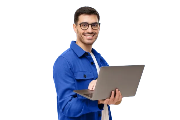 Cliente contento con un ordenador en la mano